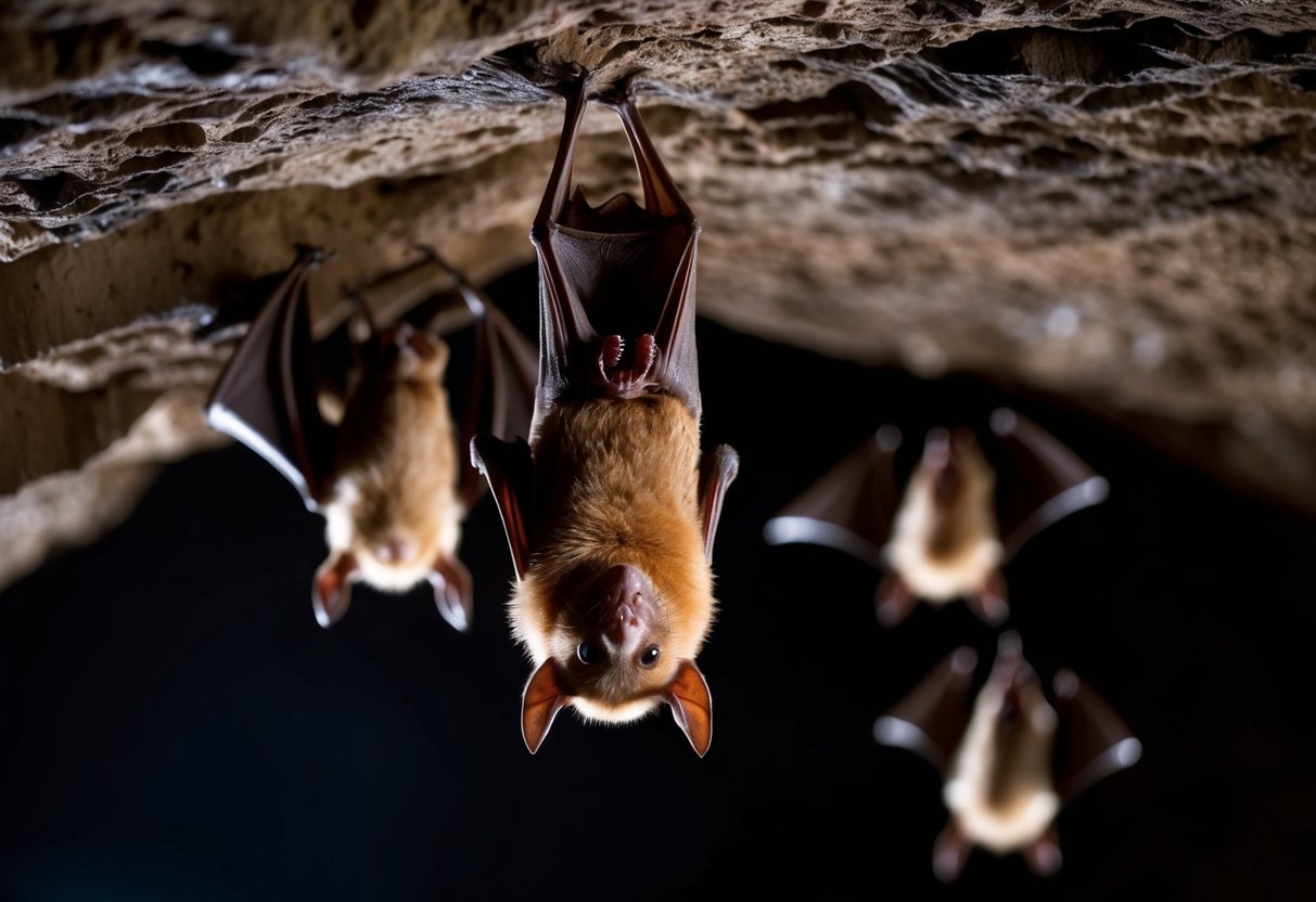 A bat hangs upside down in a dark cave, surrounded by other bats