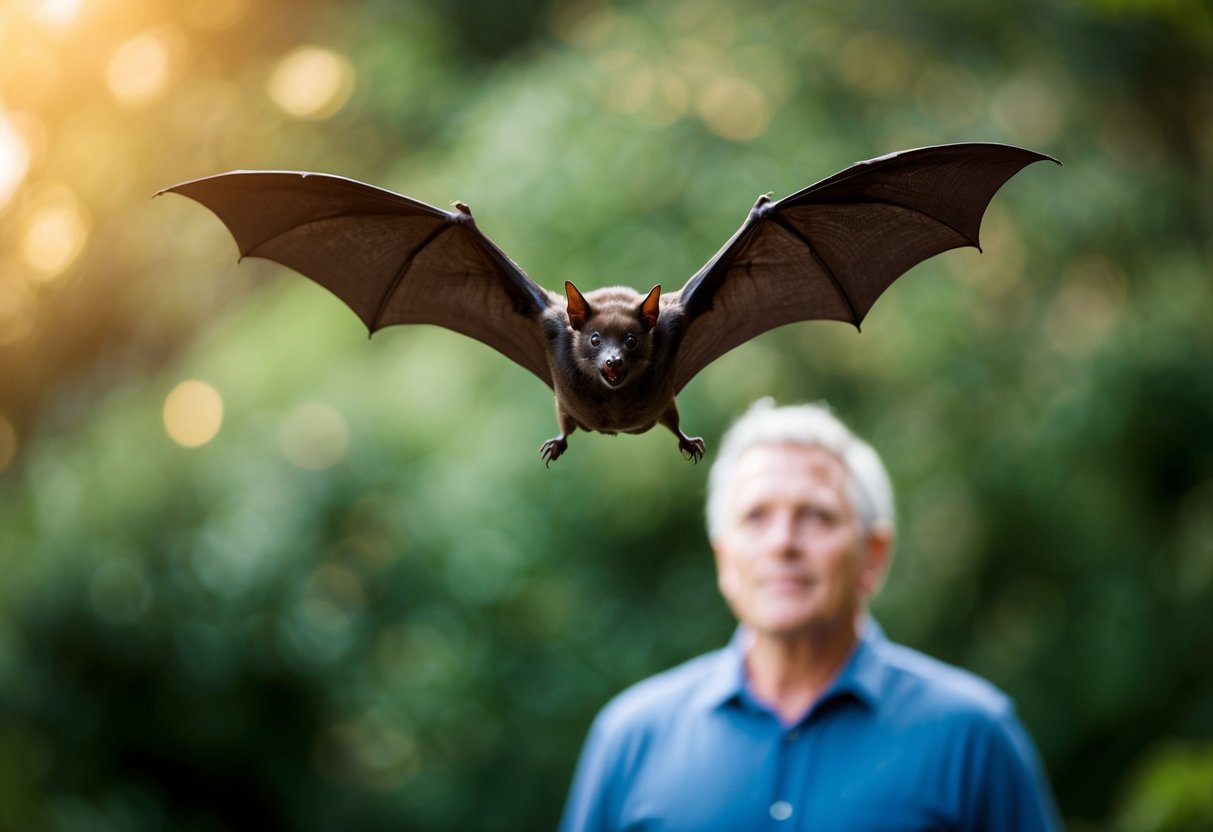A bat flying above a person, who is watching from a safe distance