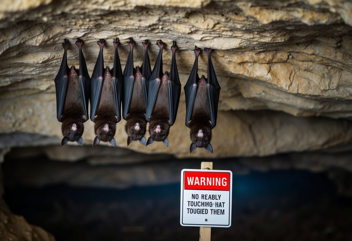 A group of bats hanging upside down in a cave, with a sign nearby warning against touching them