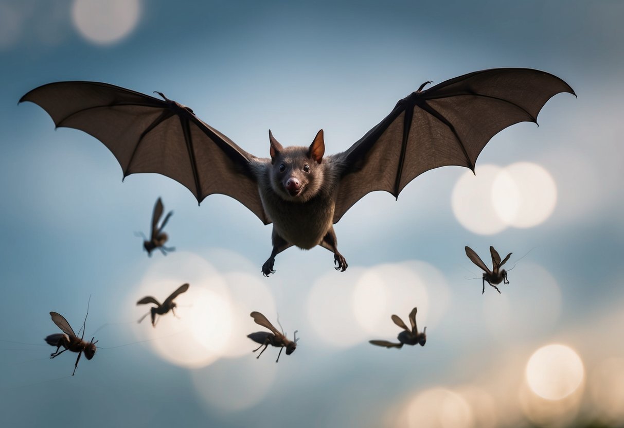 A bat swoops down, wings outstretched, in pursuit of insects, its sharp echolocation guiding its flight
