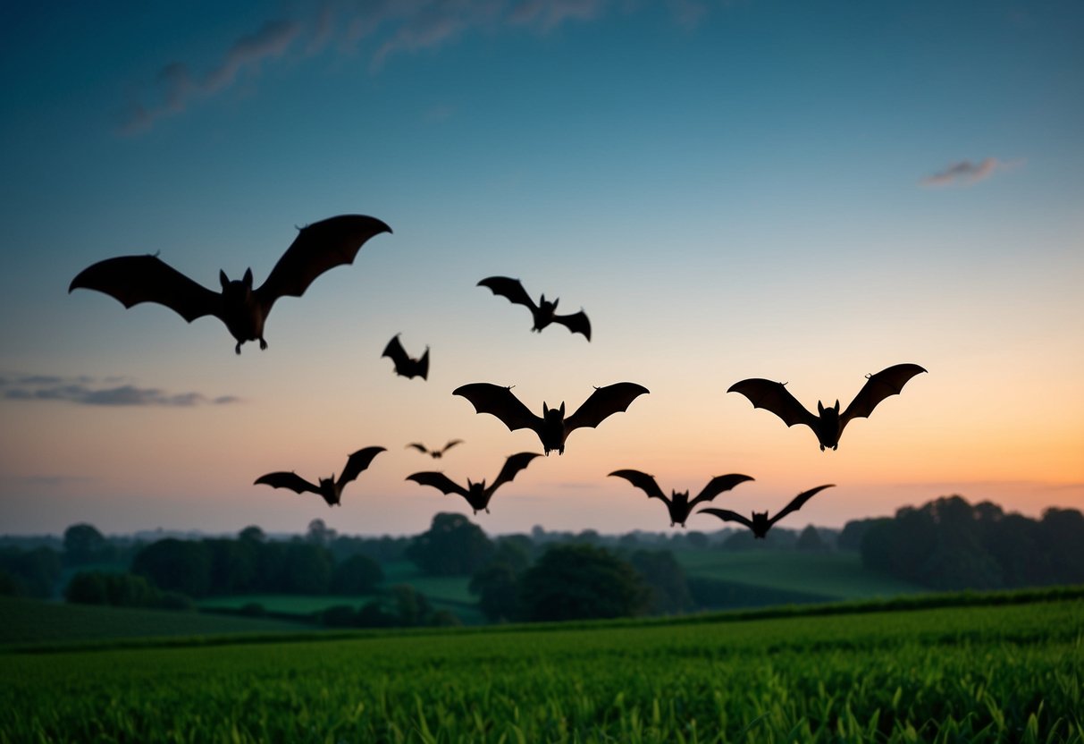 A group of bats flying over a lush, green countryside at dusk, their silhouettes visible against the darkening sky