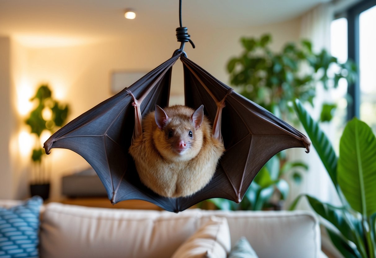 A bat peacefully roosts in a cozy corner of a well-lit living room, surrounded by plants and a comfortable sofa
