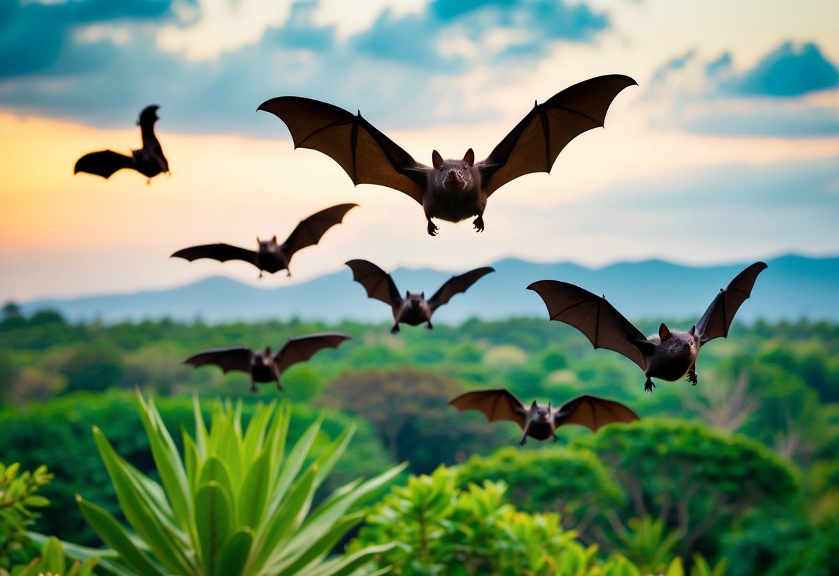 A group of bats flying over a lush green landscape, with a variety of native plants and trees