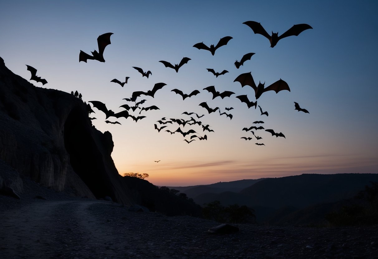 A colony of bats emerging from a dark, secluded cave at dusk, silhouetted against the twilight sky as they swoop and dart in search of insects
