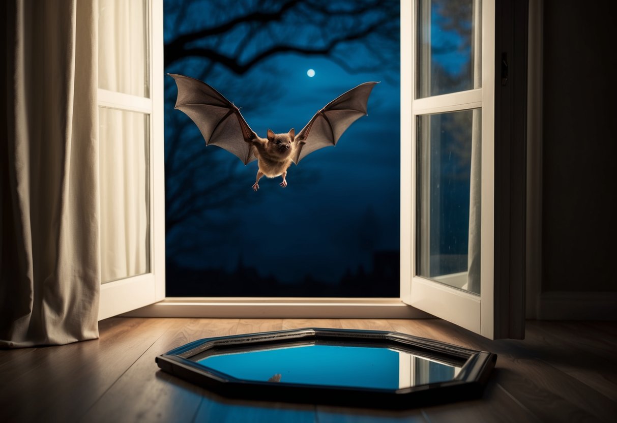 A bat flies through an open window, circling the dimly lit room. A broken mirror lies on the floor, casting eerie reflections