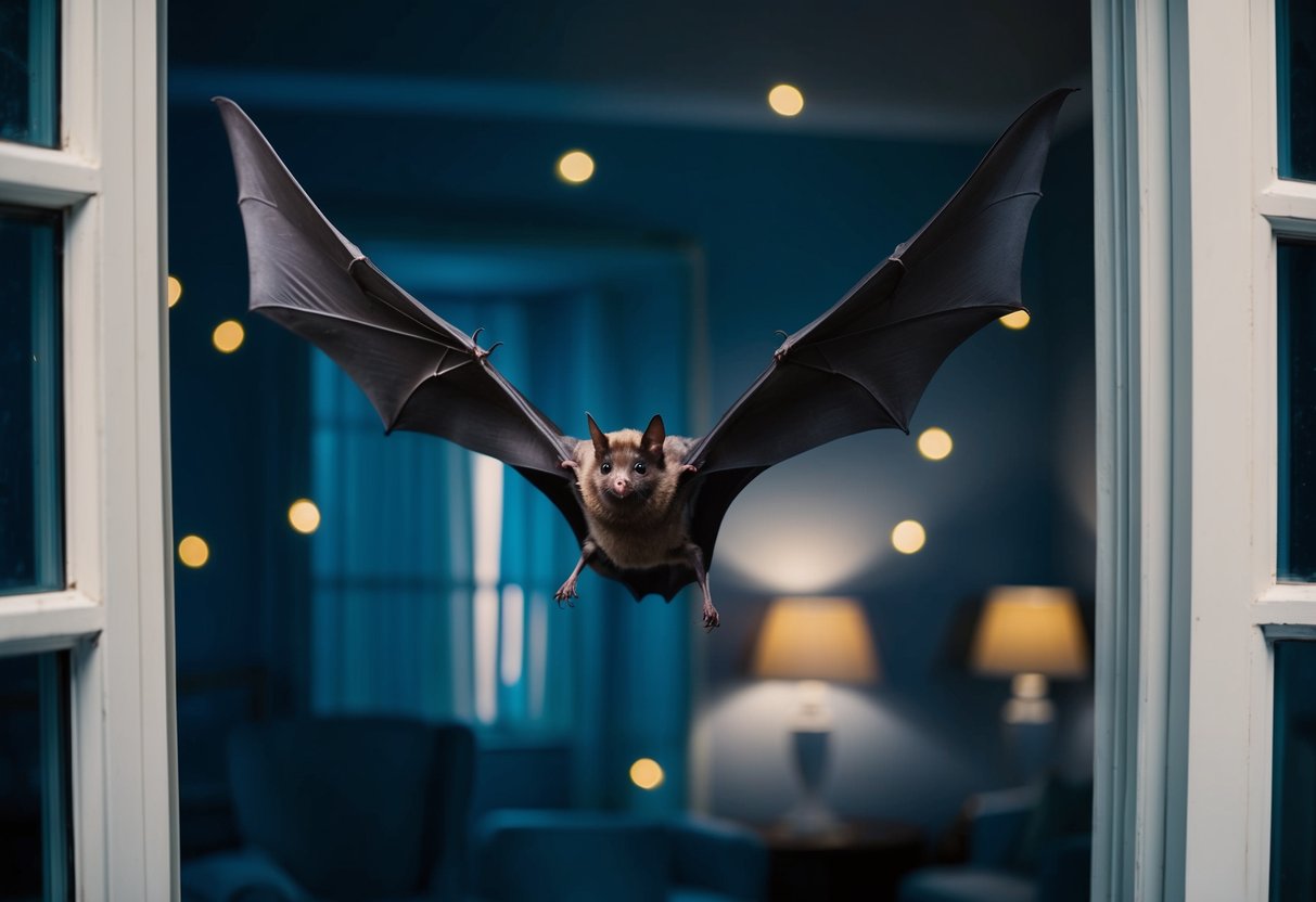 A bat flies through an open window into a dimly lit room, causing chaos as it swoops and circles around the furniture