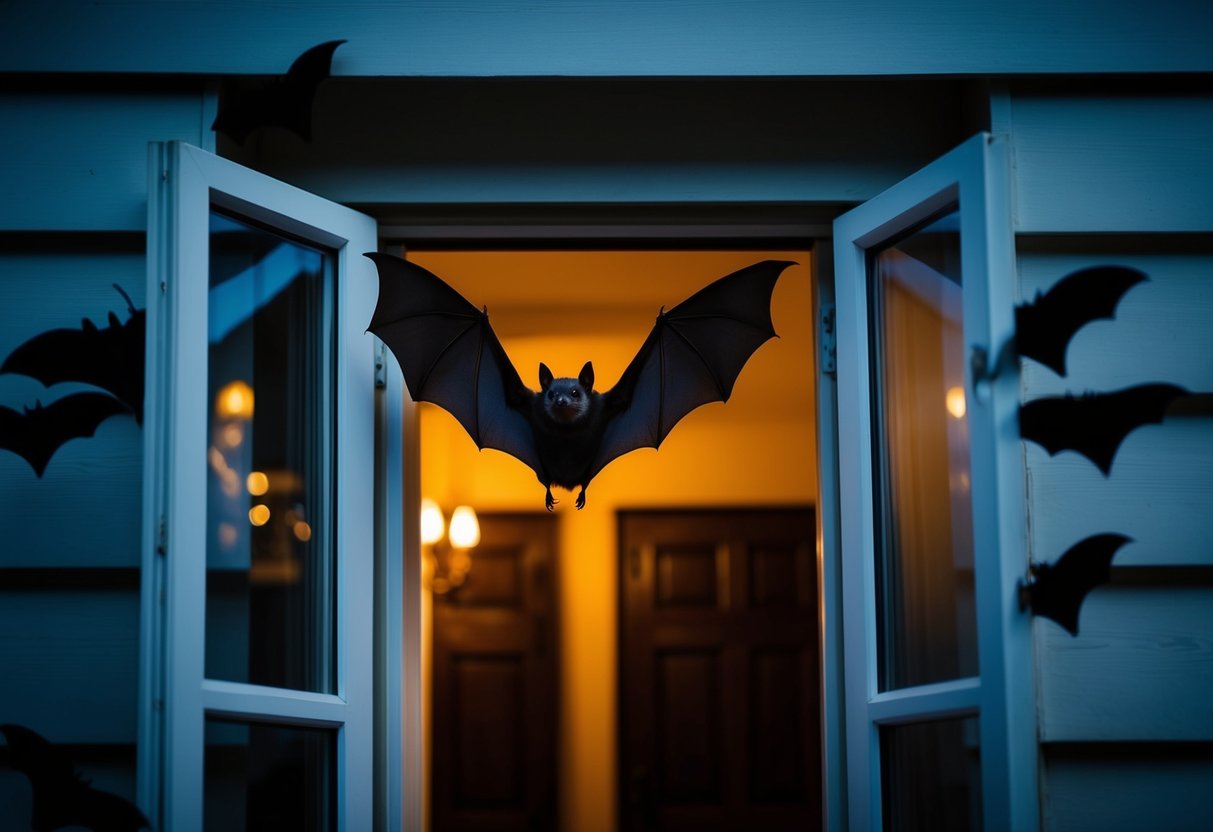 A bat flies through an open window into a dimly lit house, casting eerie shadows on the walls