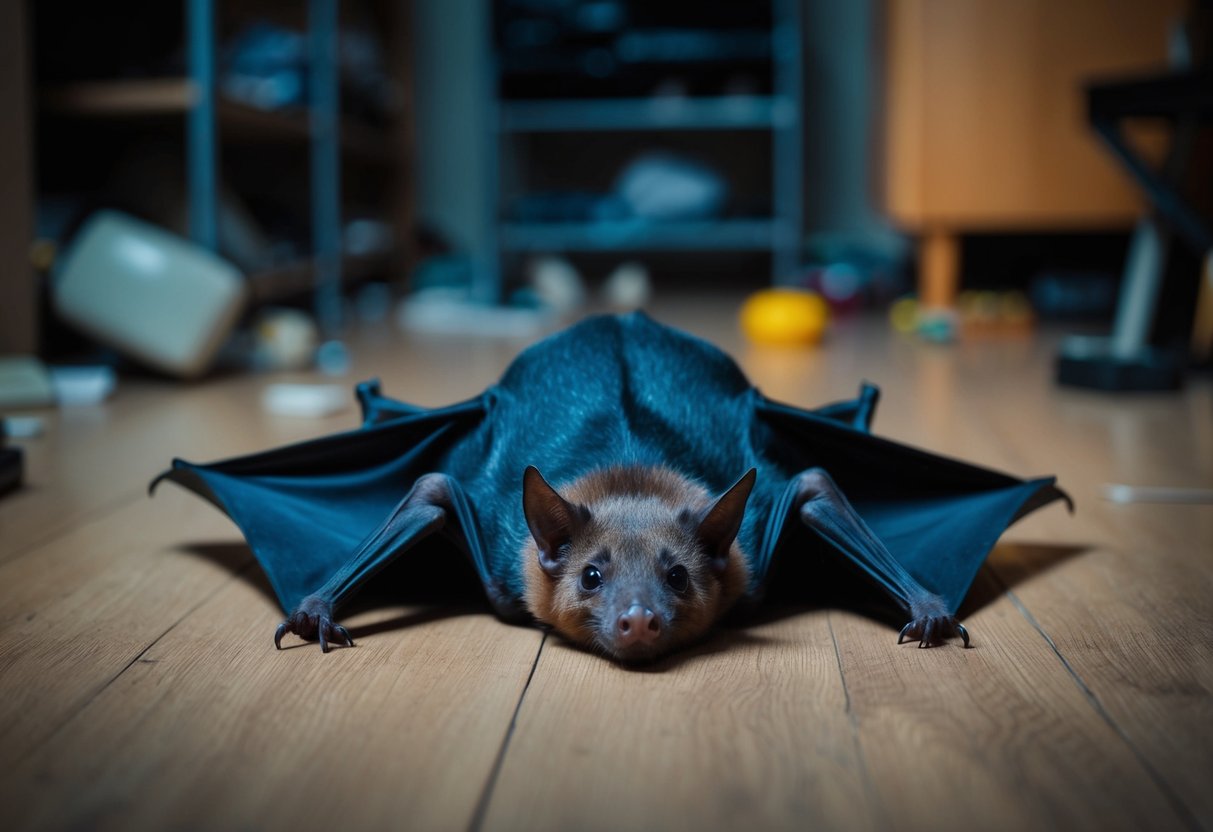 A bat lies motionless on the floor of a dimly lit room, surrounded by scattered objects and furniture