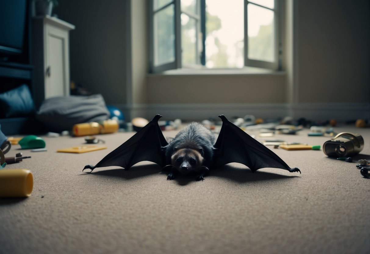 A bat lies lifeless on a living room floor, surrounded by scattered objects and an open window. The room is dimly lit, with a sense of unease and confusion in the air
