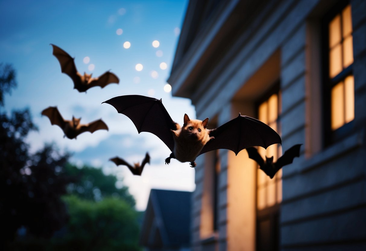 Bats flying out of a building at dusk