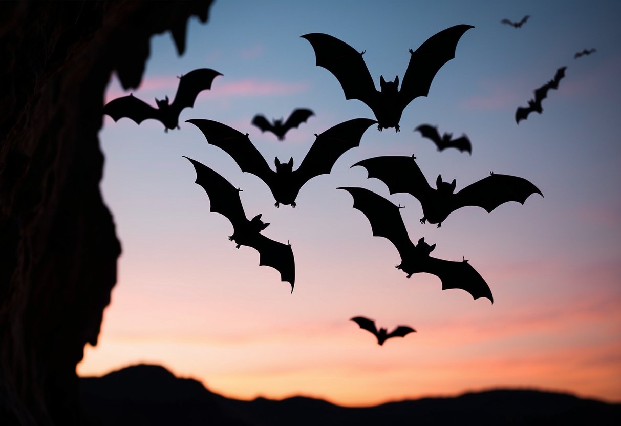Bats flying out of a dark cave at dusk, silhouetted against the orange and pink sky