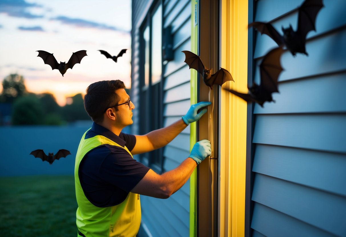 A technician sealing off entry points to a building, while bats fly out at dusk