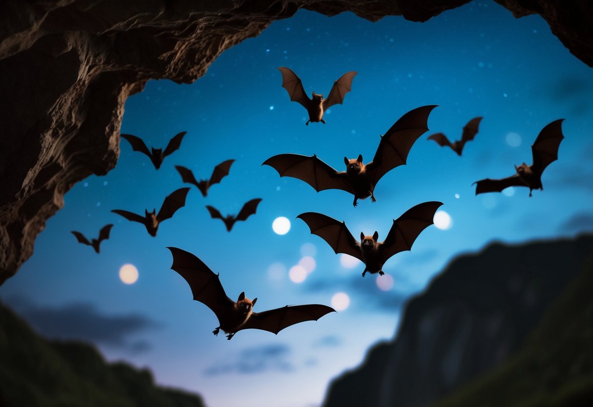 Bats fly out of a dark cave into the night sky
