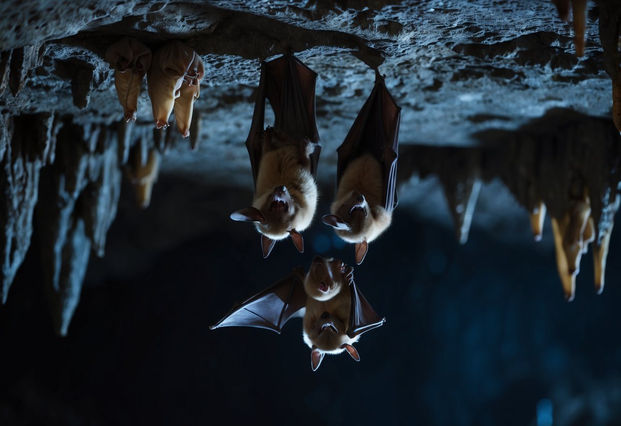 Bats roosting in a dark cave, hanging upside down from the ceiling among stalactites and stalagmites