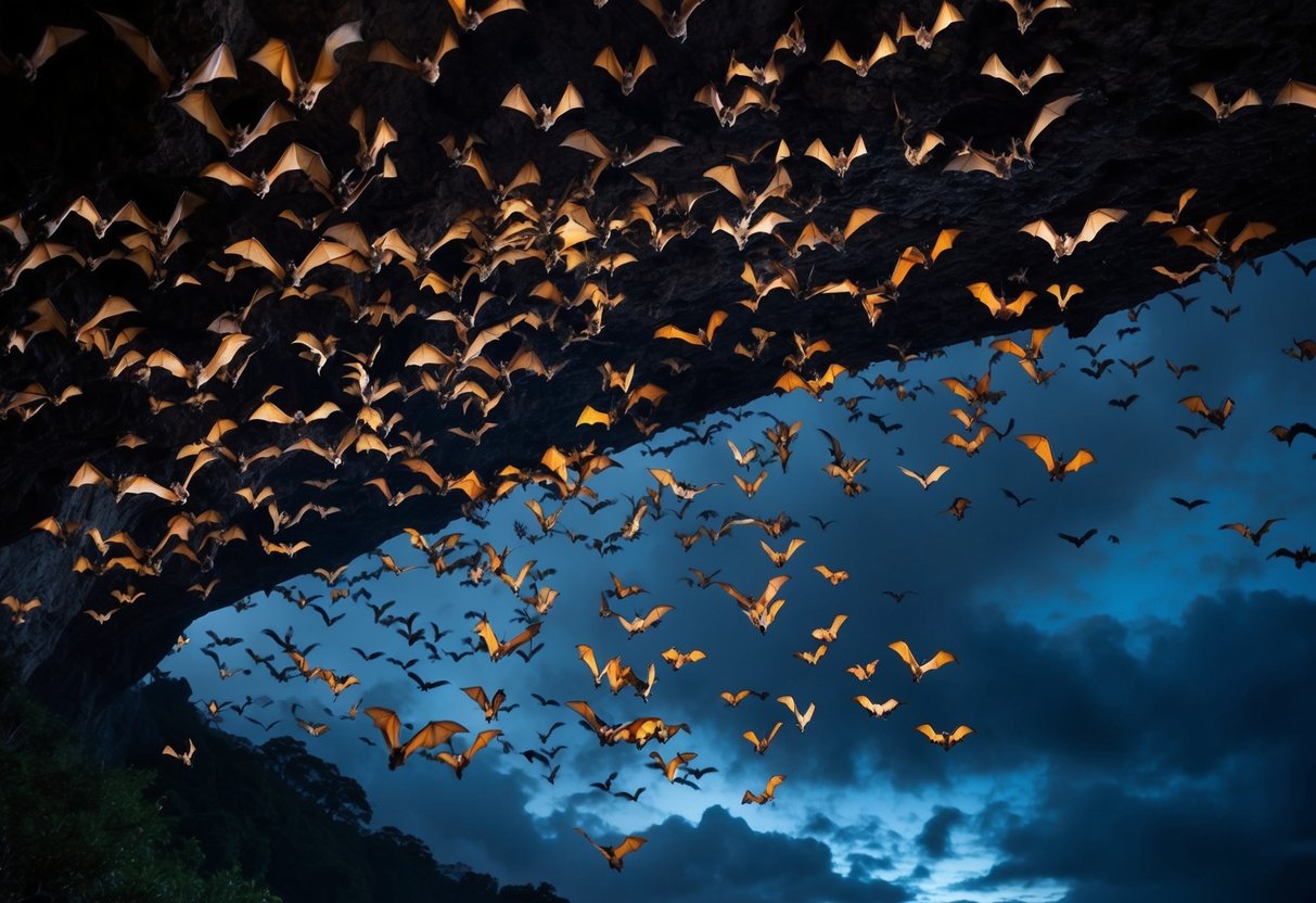 Bats swarm from a dark cave, filling the night sky with their rapid, fluttering movements