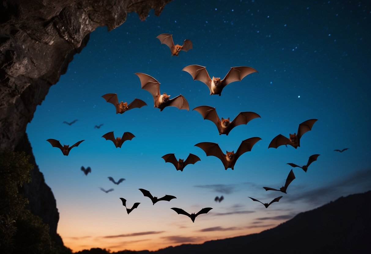 Bats flying out of a dark cave at dusk, navigating through the night sky in search of food and shelter