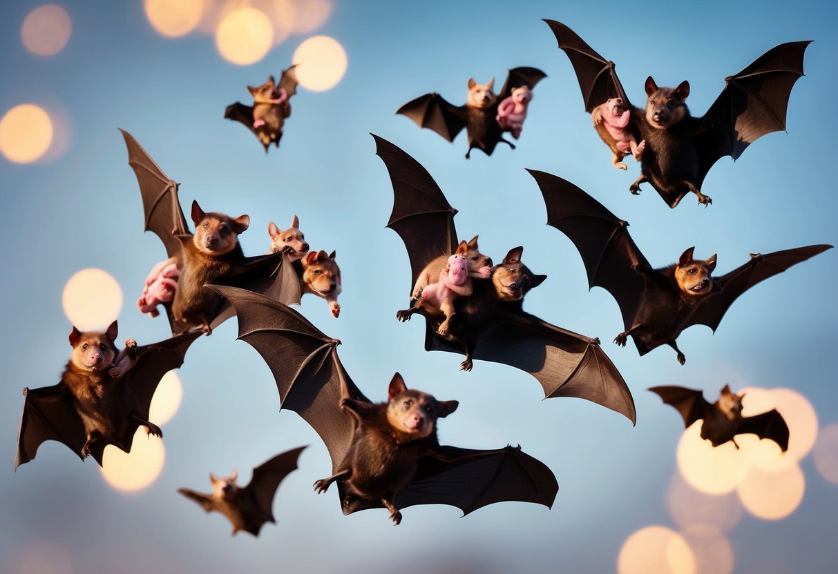 Bats flying in a group, some with pups clinging to their fur, while others engage in courtship behavior