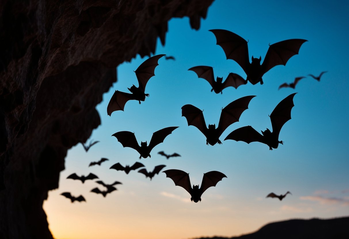 A colony of bats emerges from a dark cave, their wings silhouetted against the dusky sky as they fly out to forage for food