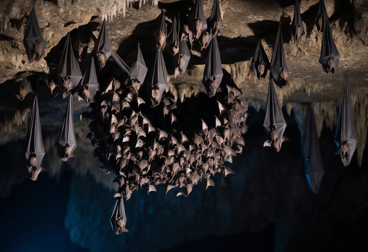 Bats nest in a dark, damp cave filled with hanging stalactites and clusters of bats clinging to the ceiling