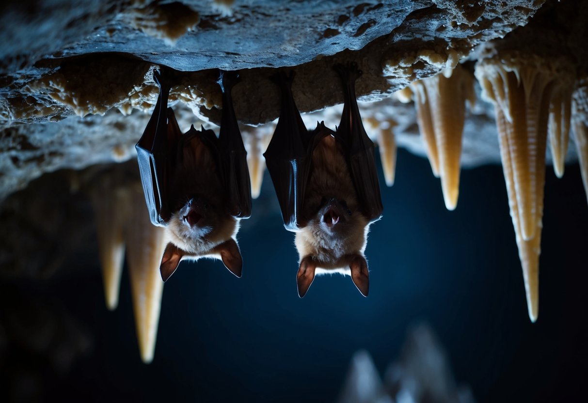 Bats roost in a dark cave, hanging upside down from the ceiling among stalactites and stalagmites