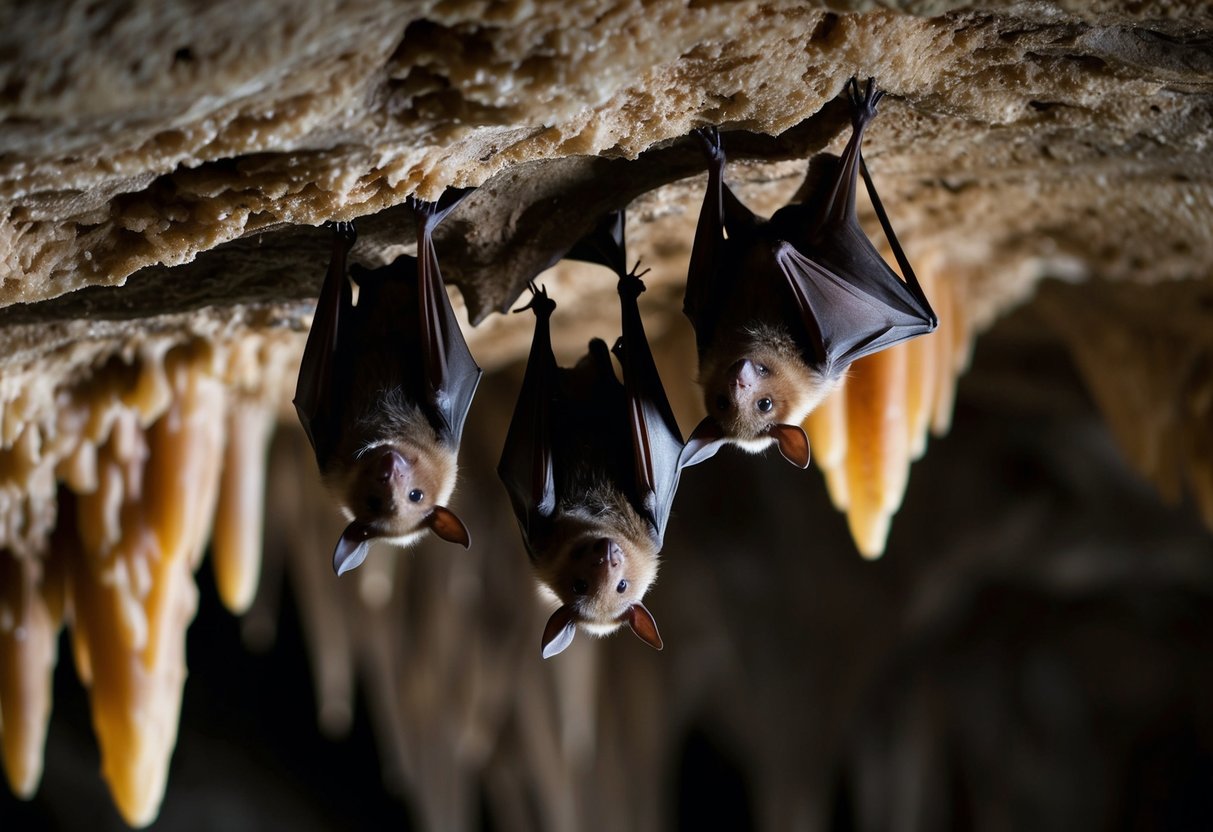 Bats nesting in a dimly lit cave, hanging upside down from the ceiling among stalactites and stalagmites