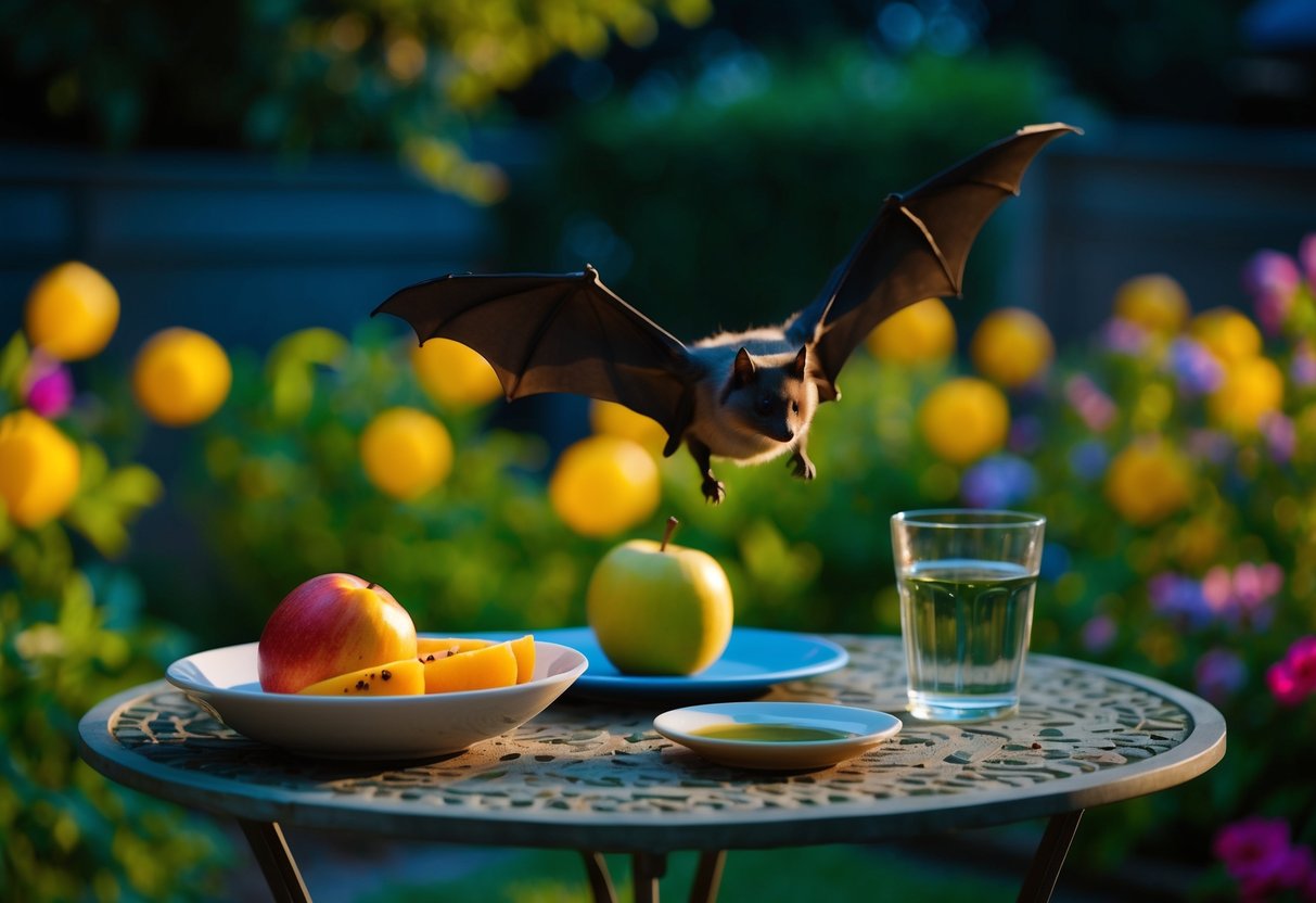 A garden at night with a bowl of fruit and a small dish of water left out on a table for bats