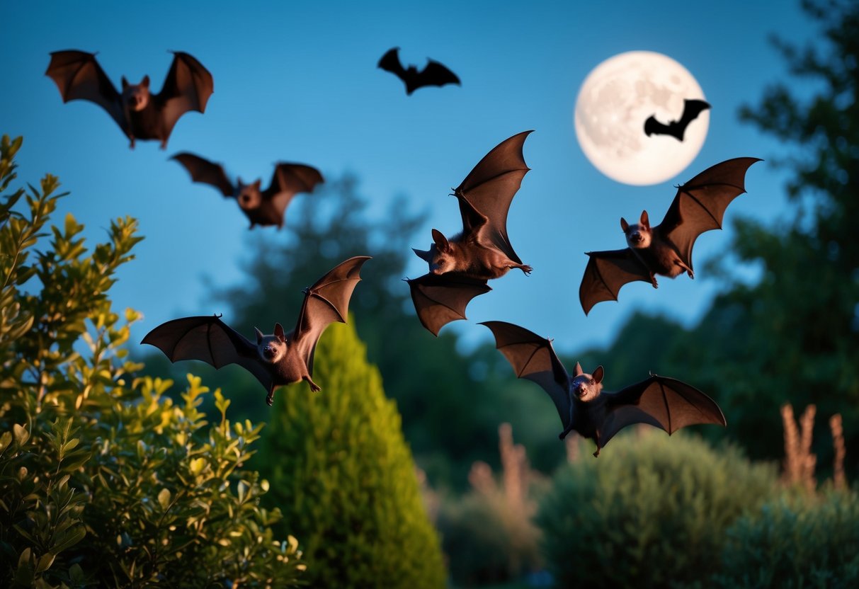 Bats hunt for insects in the dark, swooping and diving among the trees and bushes in a moonlit garden