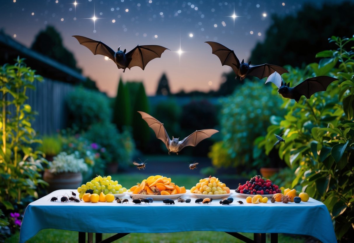 A garden at night, with a variety of fruits and insects laid out on a table. Bats swoop down to feed while stars twinkle overhead