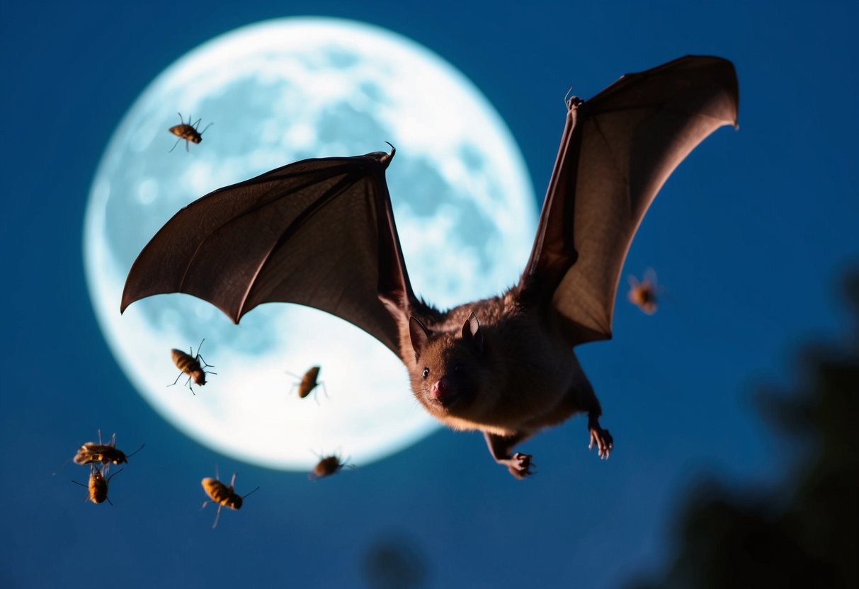 A bat in flight, catching insects in the moonlit UK night