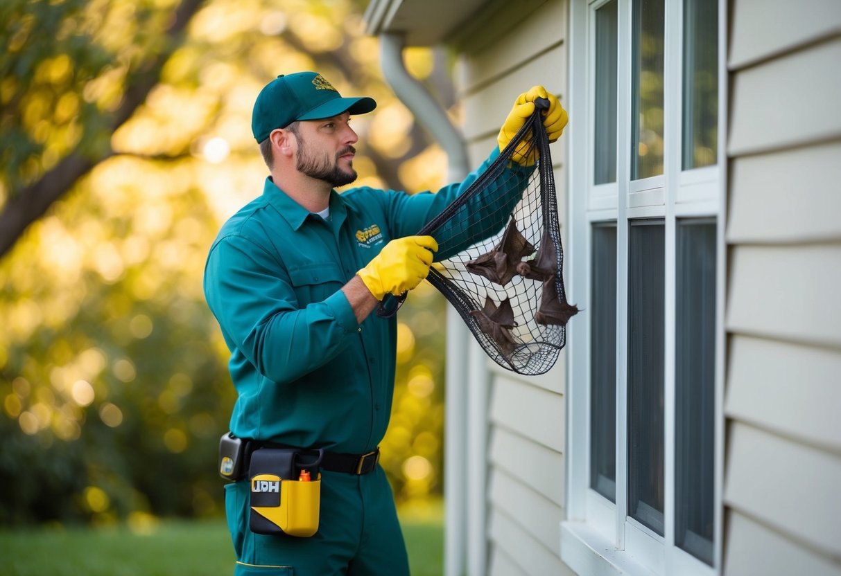 A bat exterminator uses a net to catch and relocate bats from a building's exterior