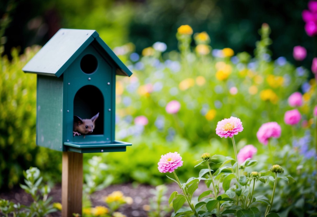 A garden with a bat house, blooming flowers, and a small dish of water