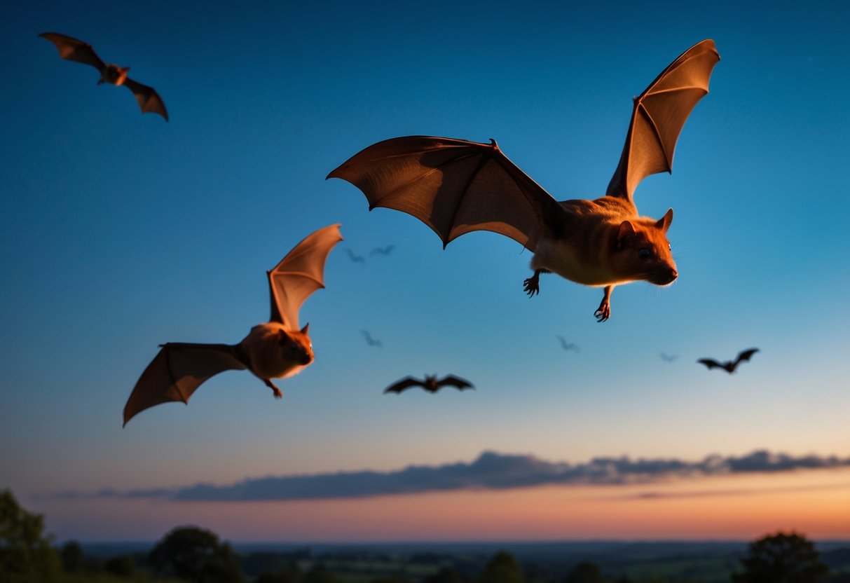 Bats flying over a UK landscape at night, hunting for insects to eat