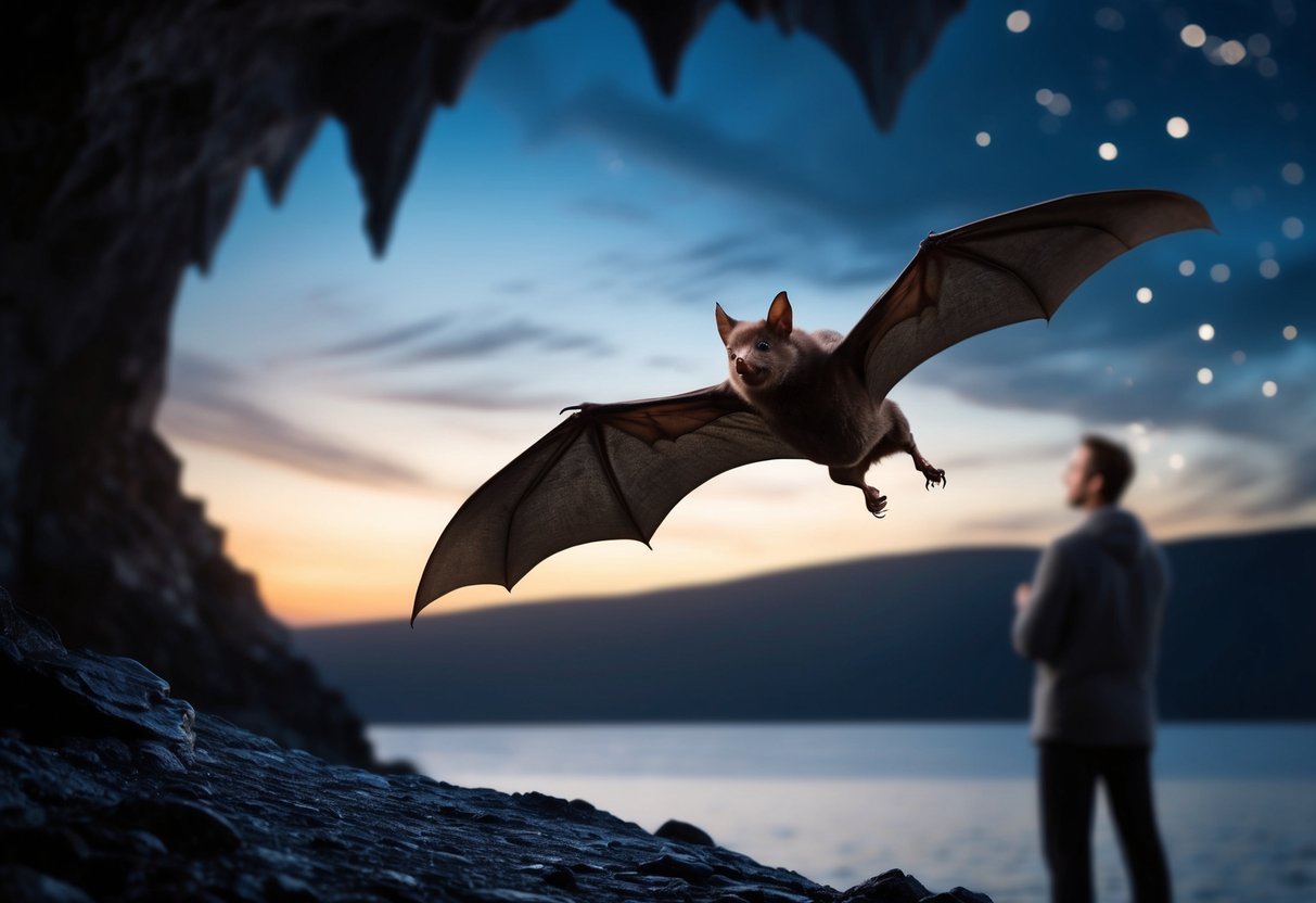 A bat flying out of a dark cave at dusk, with a concerned person looking on from a distance
