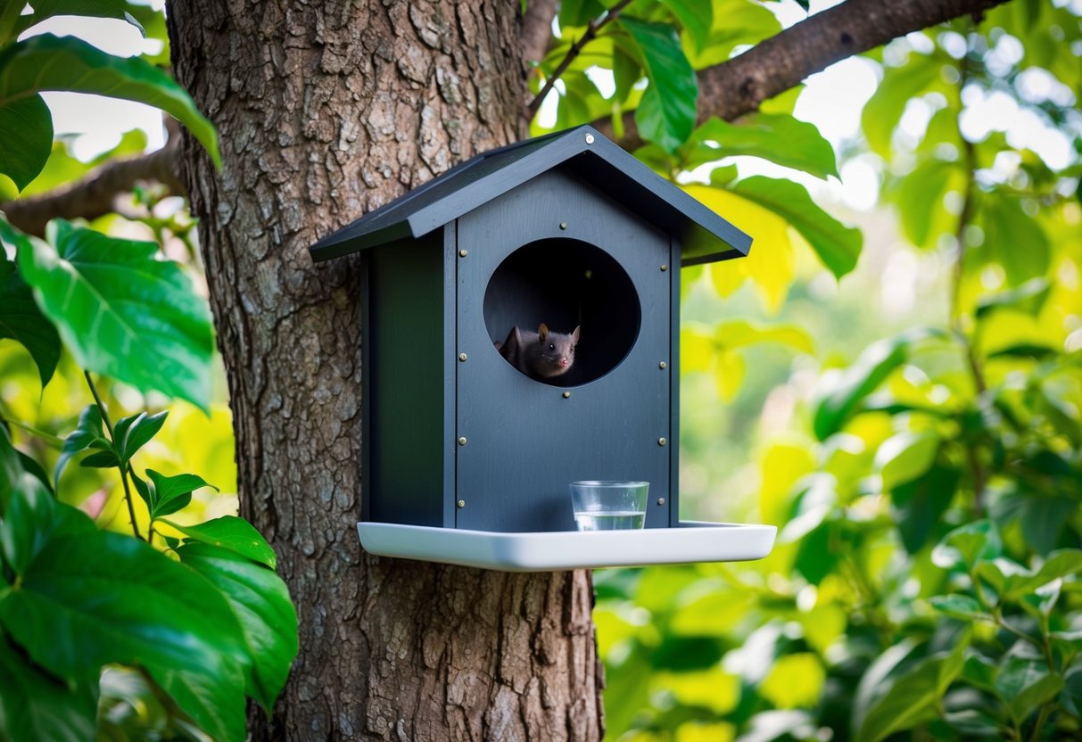 A bat house mounted on a tree, surrounded by lush foliage, with a small dish of water nearby