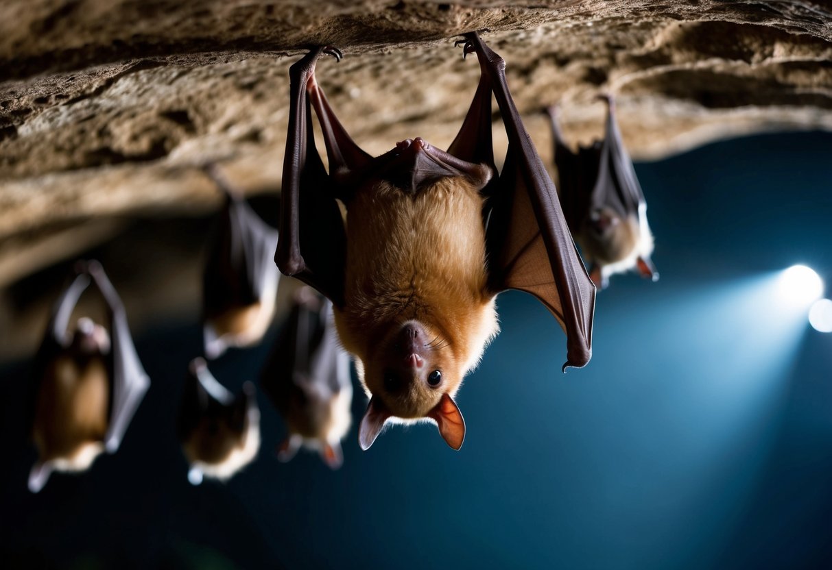 A bat hangs upside down in a dimly lit cave, surrounded by other bats