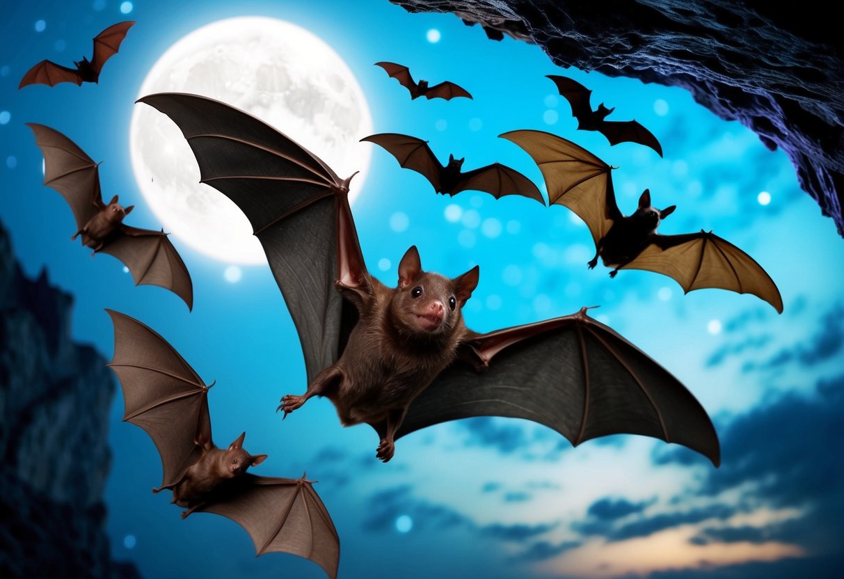 A bat flying through a moonlit sky, surrounded by other bats of various sizes and colors, with a backdrop of a dark, mysterious cave