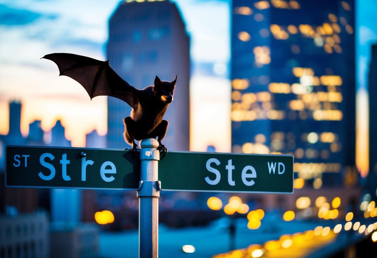 A bat perched on a city street sign, silhouetted against the glowing lights of a bustling urban skyline
