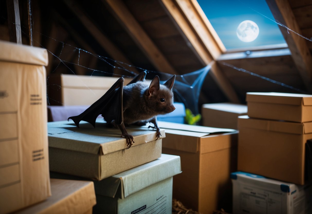 A bat perched inside a cluttered attic, surrounded by old boxes and cobwebs. A window is cracked open, letting in a sliver of moonlight