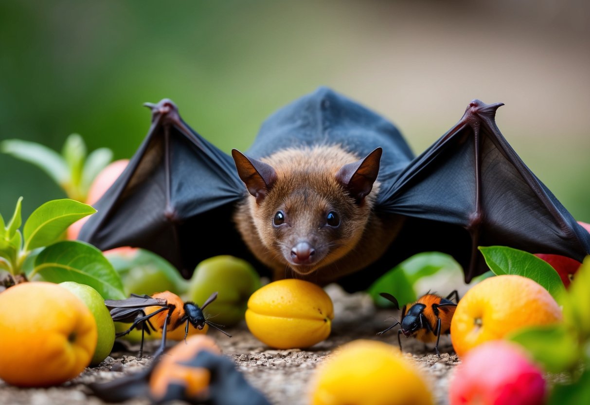 A bat surrounded by insects, fruits, and flowers, with a clean and well-maintained environment, debunking the myth of bats as vermin