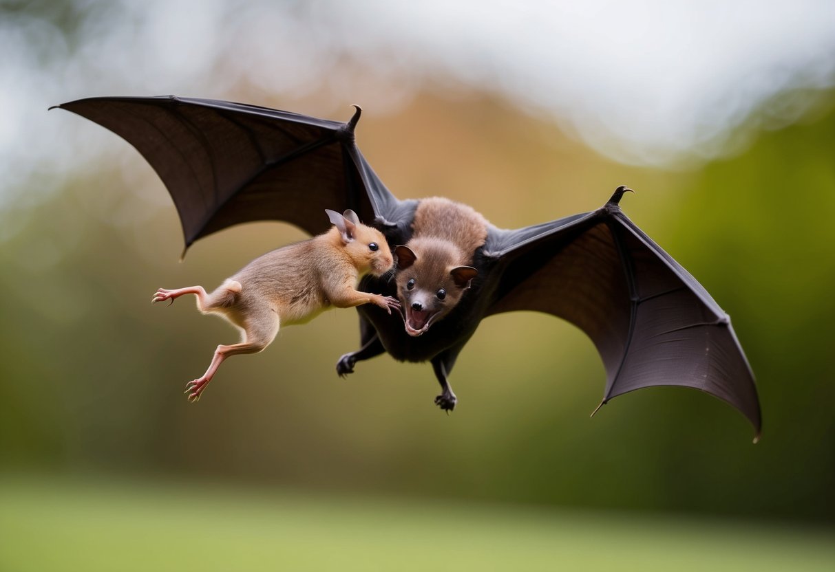 A bat biting a small animal in flight