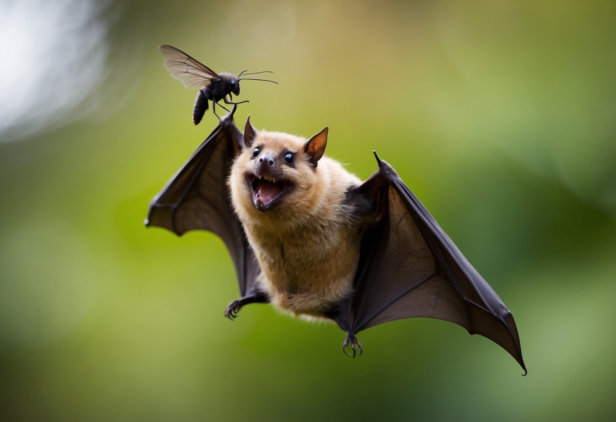 An insectivorous bat swoops down to catch a flying insect in its mouth