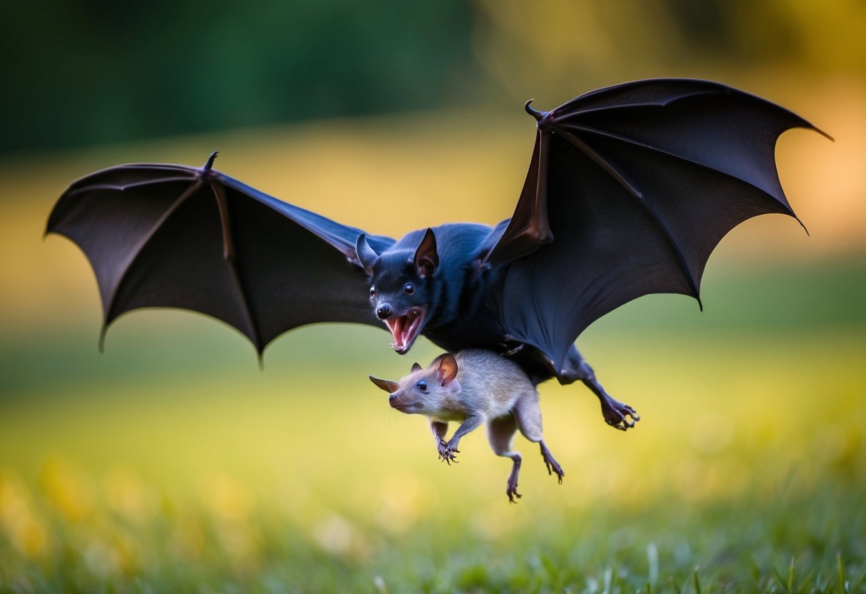 A bat swoops down on a small animal, its sharp teeth bared