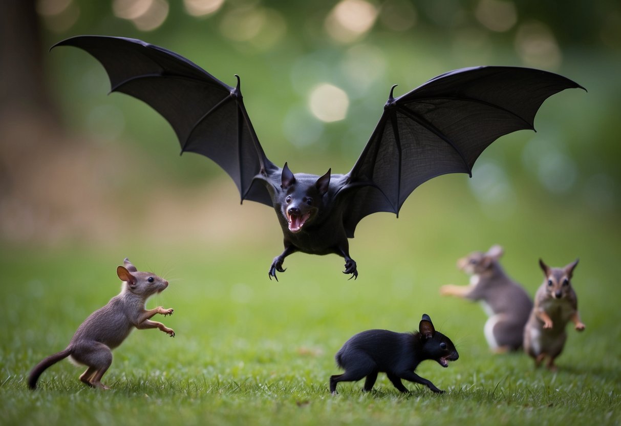 A bat swoops down towards a small animal, its fangs bared, while other animals scatter in fear