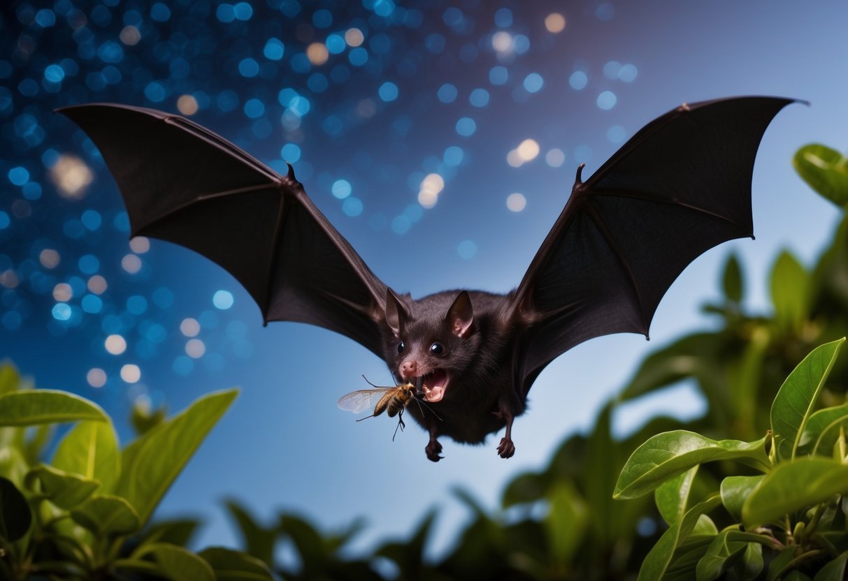 A bat swoops down to catch an insect in its mouth, surrounded by lush foliage and a starry night sky