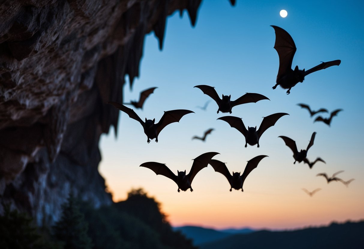 A group of bats flying back to their roosting spot in a dark cave at dusk