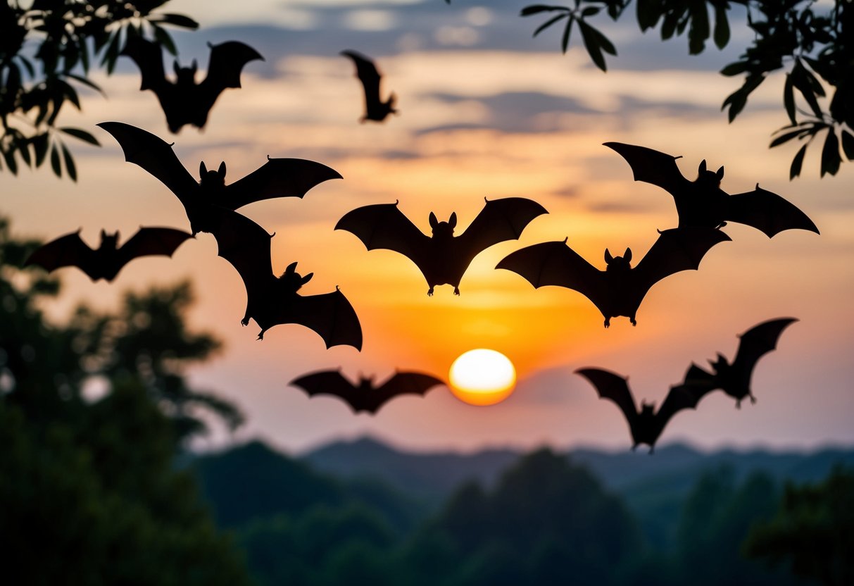 A group of bats flying back to their roost at dusk in a dense forest, silhouetted against the fading light of the setting sun