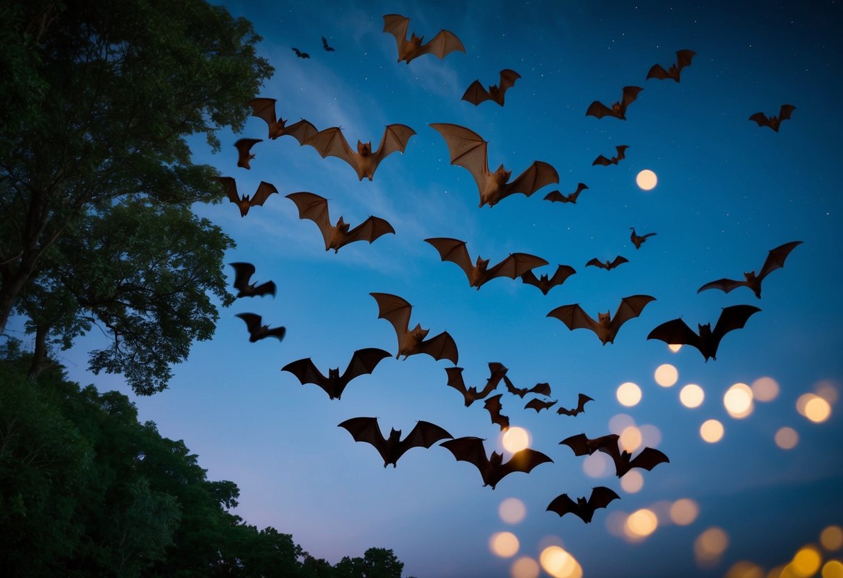 A group of bats flying in the night sky, converging on a familiar roosting spot in a tree or cave