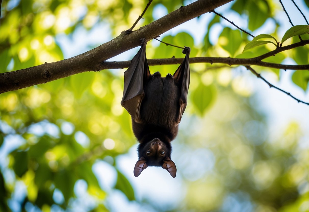A bat hangs upside down from a tree branch in a bright, leafy woodland. The sun shines overhead as the bat appears calm and undisturbed