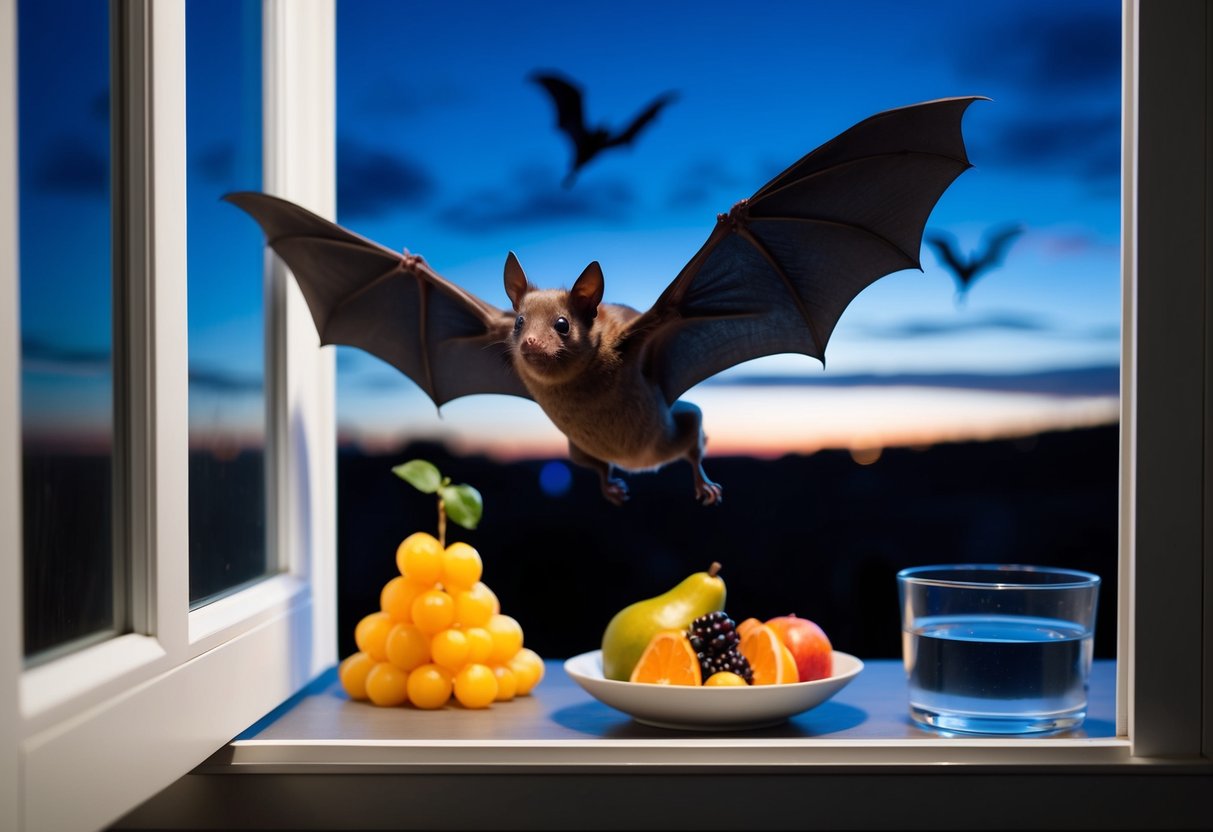 A bat flying out of an open window at dusk, with a pile of fruit and a dish of water left outside for it