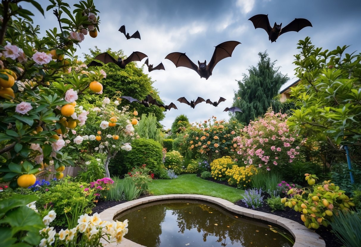 Bats are attracted to a garden filled with blooming flowers and fruit-bearing trees, with a small pond or water feature nearby